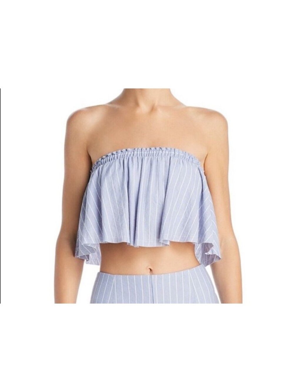 Sage Strapless Bandeau Ruffle Crop Top~Size M~Blue White Stripe Sexy Casual L623
